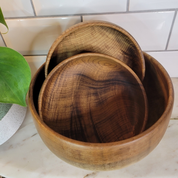Vintage Hand Turned Myrtle Wood 3 Piece Bowl Set Made in USA, The Wooden Nickel - Picture 5 of 8